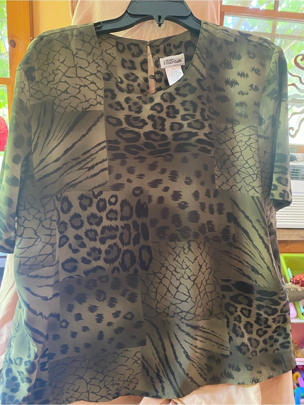 Essentials Olive and Black Animal Print Short Sleeve Blouse